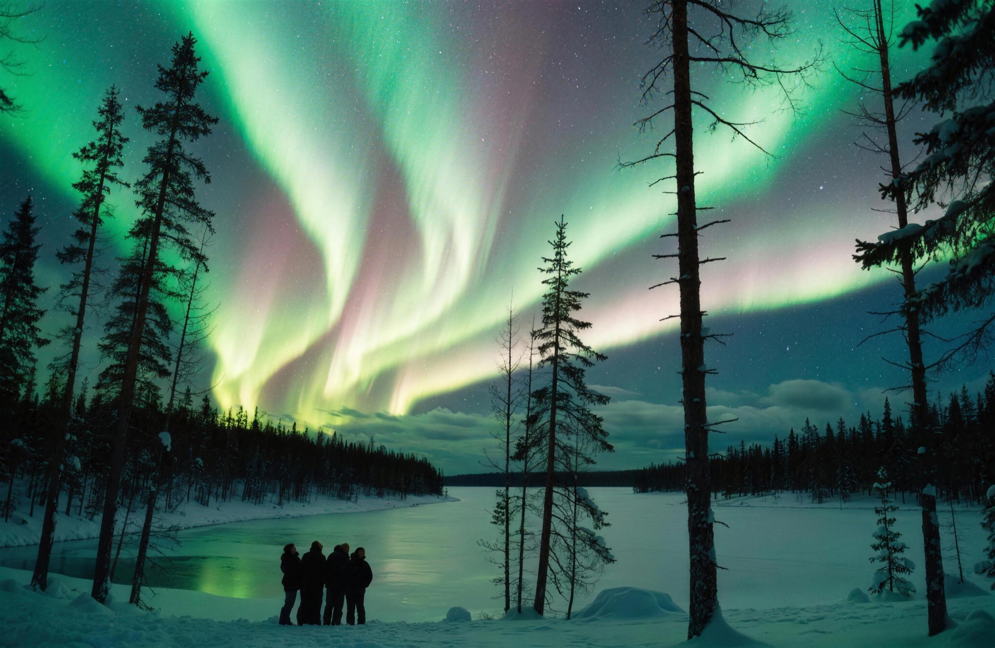 A group beneath a vast aurora