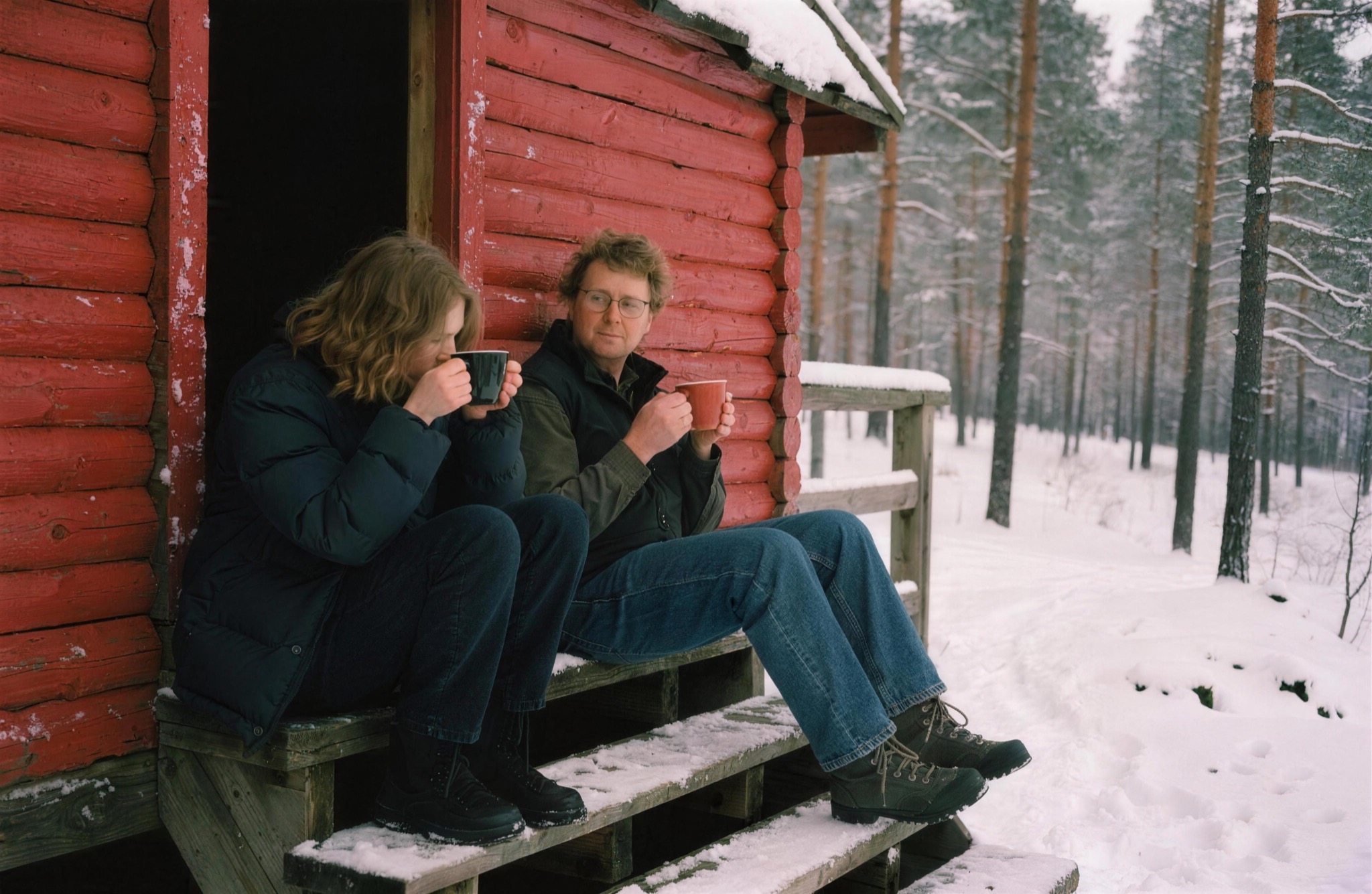 A couple with hot drinks at the cabin