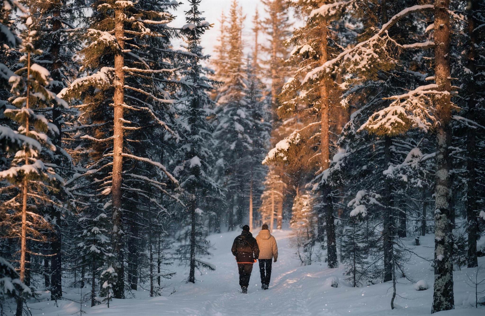 A couple accompanied through a full winter day in the Lapland forest